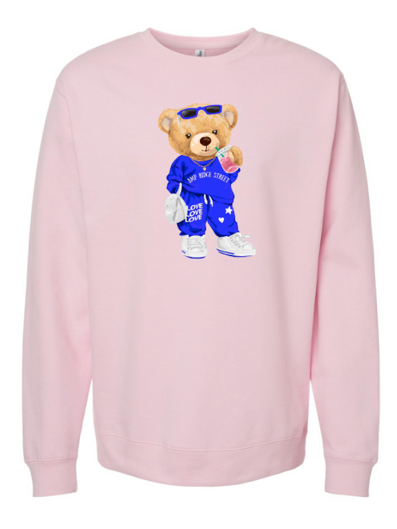 Adult Pink Crew Pullover Sweatshirt with Ridge Street Teddy Bear