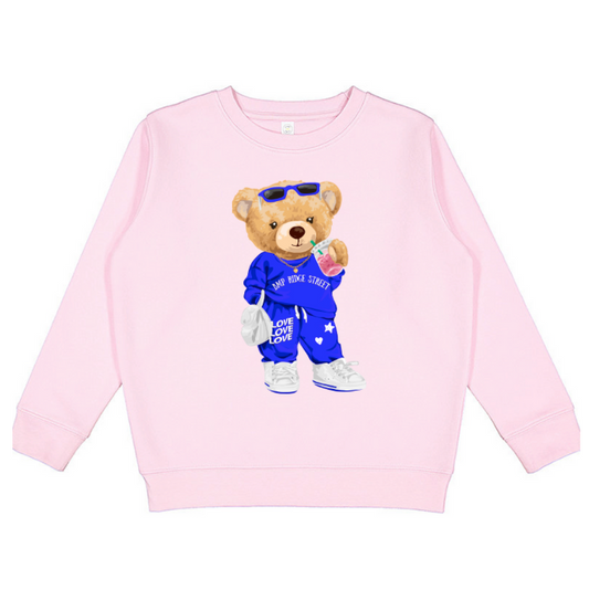 Pink Crew Pullover Sweatshirt with Ridge Street Teddy Bear